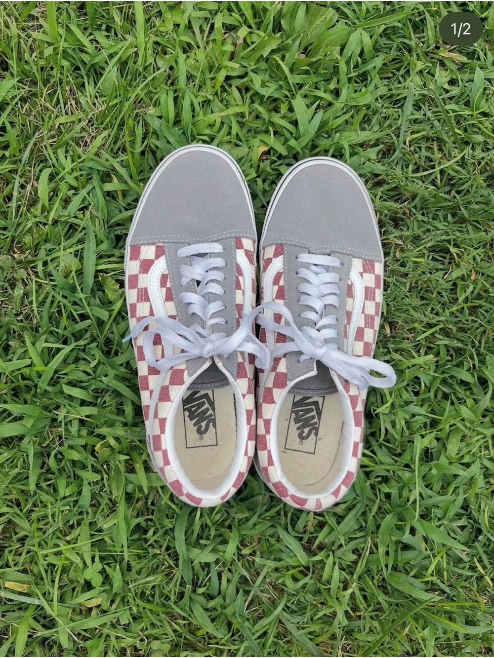 Vans Women’s Old Skool Checkerboard Low-Top Sneakers in Gray and Red